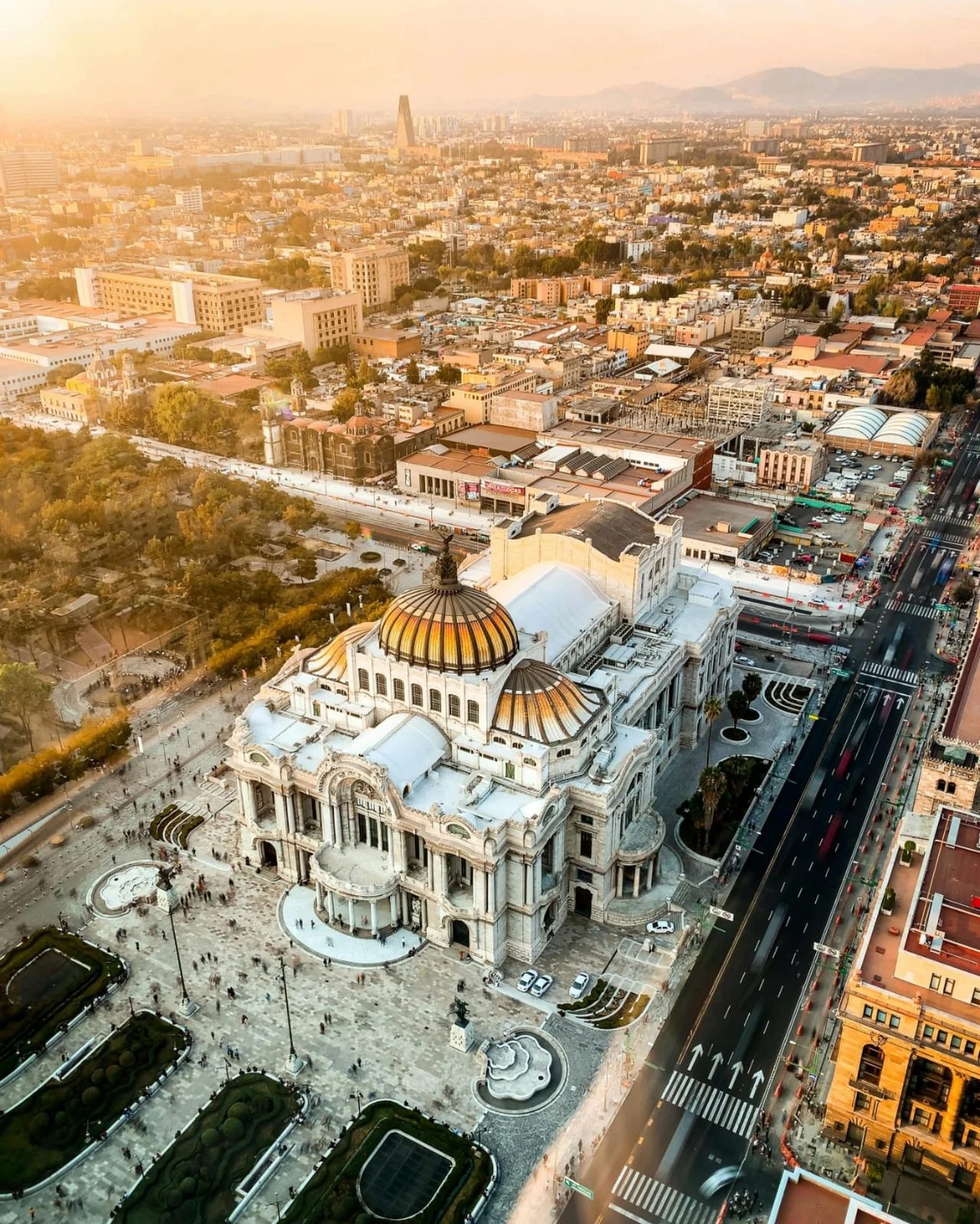 Palacio de Bellas Artes from above at golden hour