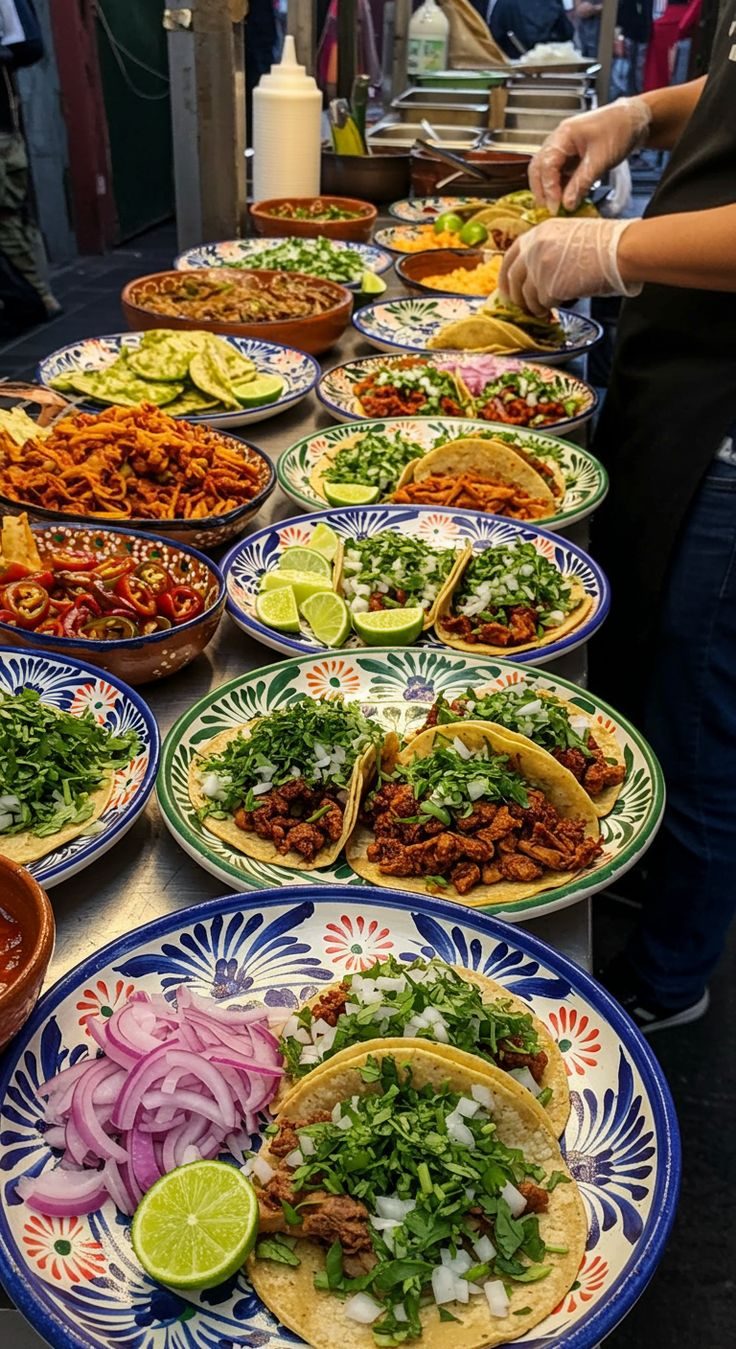 A spread of tacos on painted plates