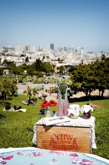 A picnic spread above the Dolores Park lawn