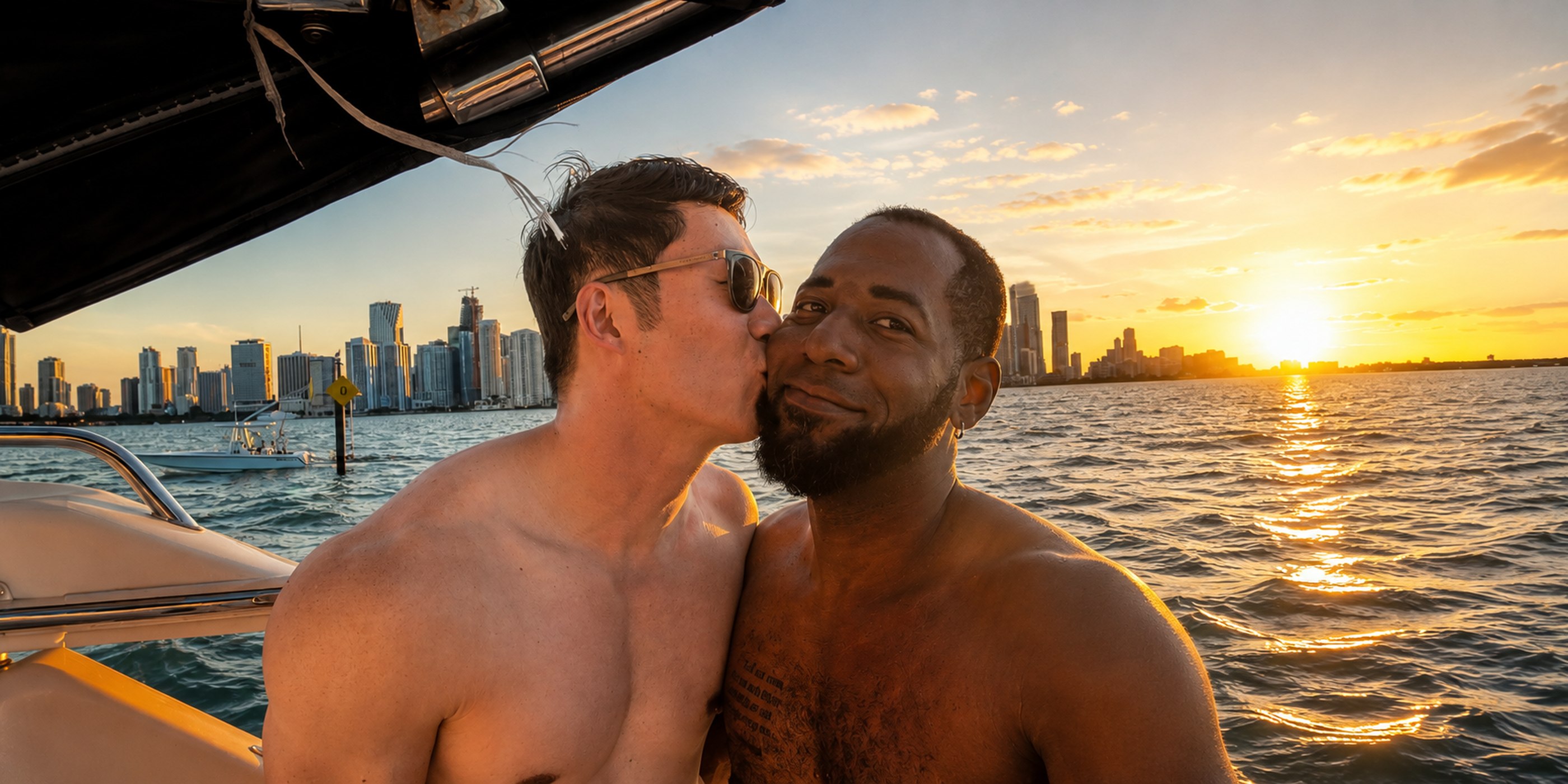 Will kissing JR on a boat at sunset, the Miami skyline behind